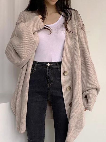 

sweaters knit sweater women long knitting cardigan female loose casual knitwear lady singlebreasted lantern sleeve casual pull femme, White;black