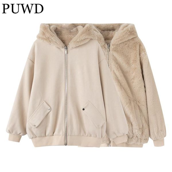 

leather puwd casual women warm coat both side wear hooded ladies loose jacket 2021 winter fashion thick solid female chic outwear, Black