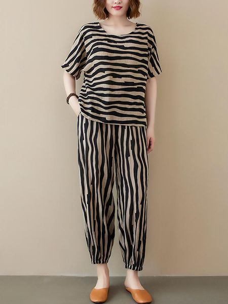 

pants cotton vintage striped summer casual 2 two piece set short sleeve loose tshirt women t shirt femme 2022 harem pants suits, White