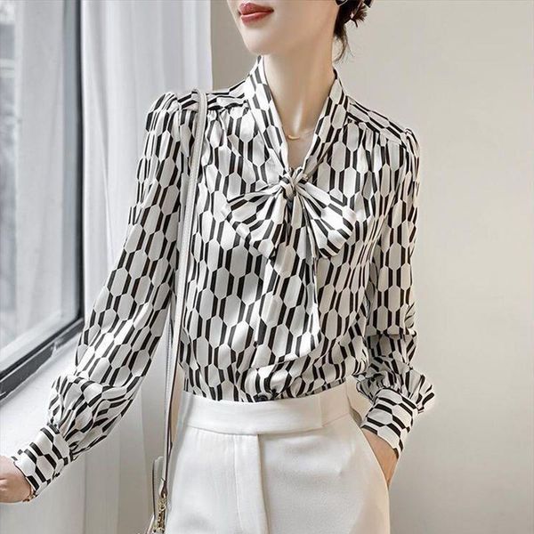 

shirts office lady casual geometric printed lace up bow shirt korean allmatch women's long sleeve scarf collar blouses female clothing, White