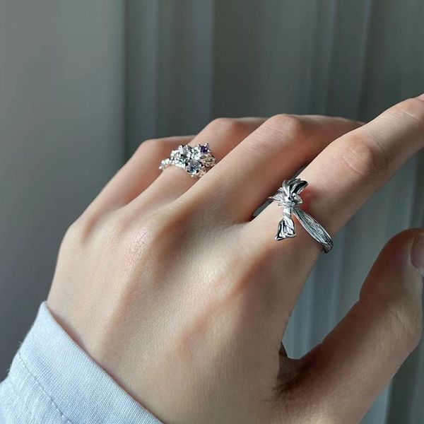 

rings for women couple rings bow ring female students minority design cool wind irregular wrinkles advanced cool index finger mouth ring pro, Silver