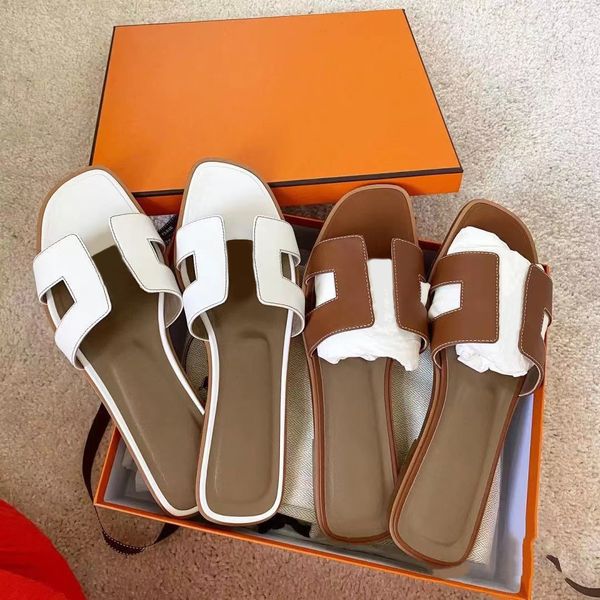 

2023 slippers fashion sandals genuine leather womens summer luxury flat slides ladies beach sandal party wedding oran slipper size 35-43 wit, Black
