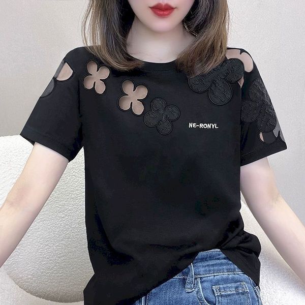 

women's t-shirt hollowed-out design chic t-shirts women fashion short sleeve black tshirt summer trend thin y2k t shirt aesthetic cloth, White