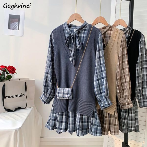 

dress preppy style sets women retro plaid mini pleated dress knitted vest spring autumn elegant korean outfits sweet vintage simple, White