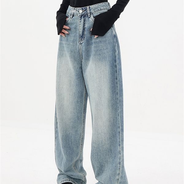 

women's jeans high waist women's jeans harajuku vintage bf style streetwear all-match loose fashion femme wide leg denim trousers, Blue
