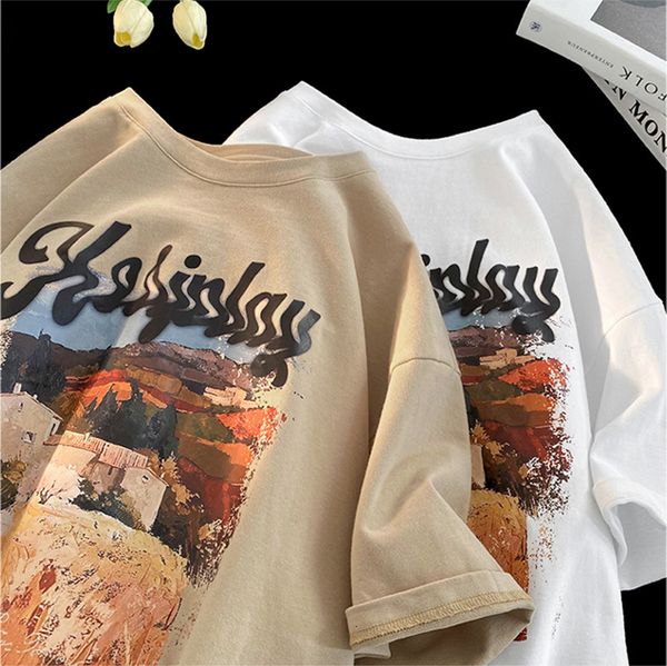 

women's t shirt kaus lengan pendek pria dan wanita atasan longgar kasual pasangan pullover gaya amerika retro pemandangan setengah 2304, White