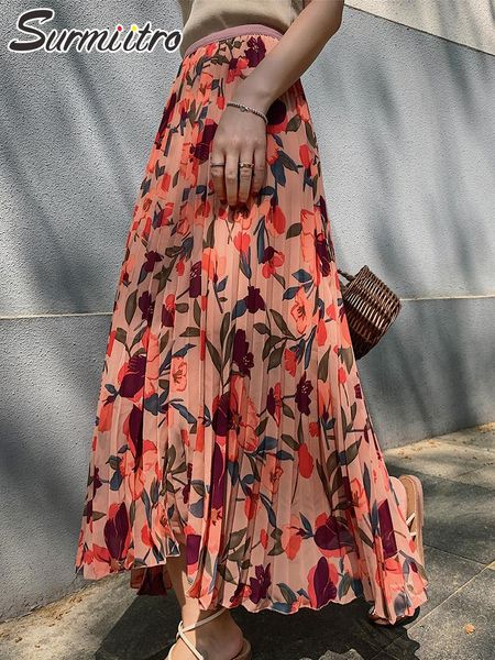 

capris surmiitro 2022 trend spring summer women korean fashion floral print aesthetic high waist midi long a line pleated skirt female, Black;white