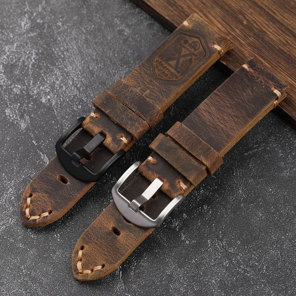 

watch bands handmade first layer cowhide leather watchband 20 22 23 24mm dark brown vintage brushed thickened men's bracelet 230426, Black;brown