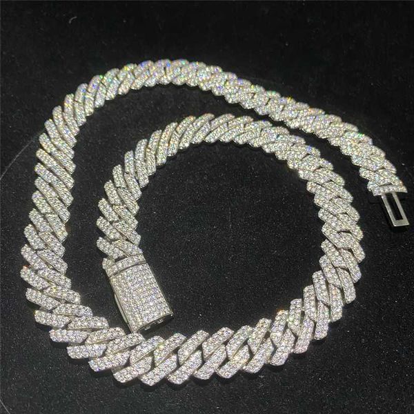 

hip hop 12mm 14mm 15mm double row mosan stone set with 925 sterling silver cuban chain real gold plated men's necklace
