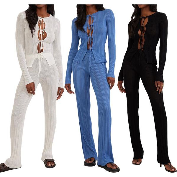 

pants 2 pieces female suit set solid color long sleeve tieup hollow out knitwear+ long pants white/blue/black s//l