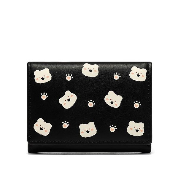 

korean preppy style bear printing teenager short wallet third-fold pu leather ladies' purse for girls, Red;black