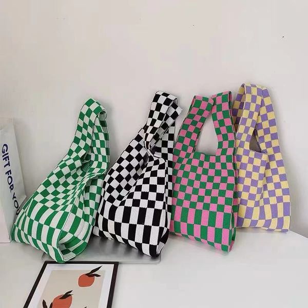 

korean autumn winter female underarm bag lattice checkered wool crochet tote women knitted handbags