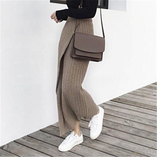 

dresses 2019 autumn winter knitting skirt high waist ol long pencil skirt women open slit knitted casual vintage maxi skirt pz1272, White;black