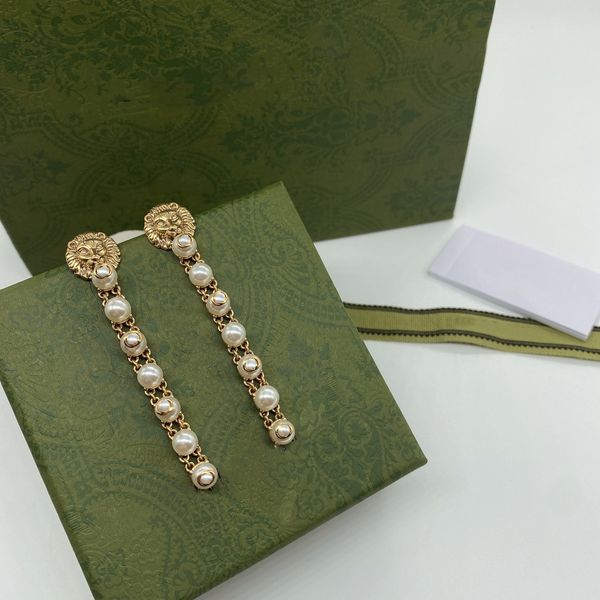 

fashion lion pearl long earrings designer charm earrings for woman brass fashion jewelry supply, Golden