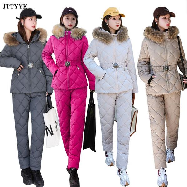

pants winter clothing female two piece set women and pants outfits hooded parka outdoor ski suit warm down jackets woman snowsuit, White