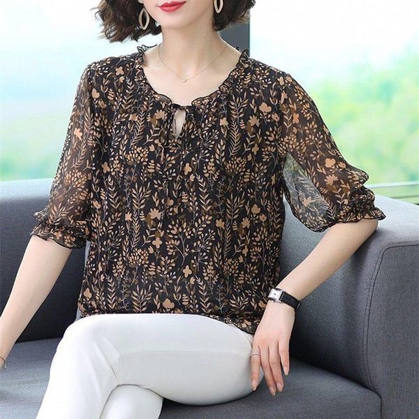 

t-shirt women spring summer style chiffon blouses shirts lady casual short sleeve oneck flower printed blouses df4207, White