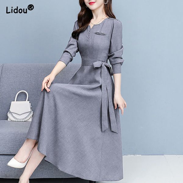 

casual dresses v-neck elegant fashion long sleeve button elastic waist belt dress comfortable simple solid color autumn women's clothin, Black;gray