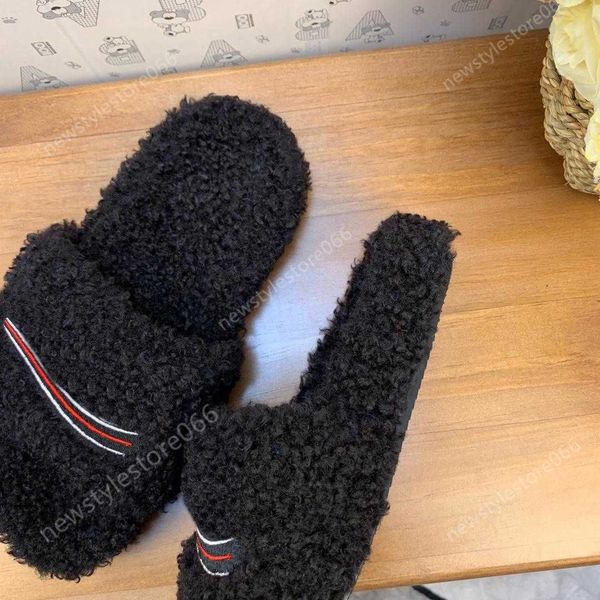 

women furry slide sandal designer slippers fake shearling letter embroidery women recycled fur luxury flat mules wool slides, Black