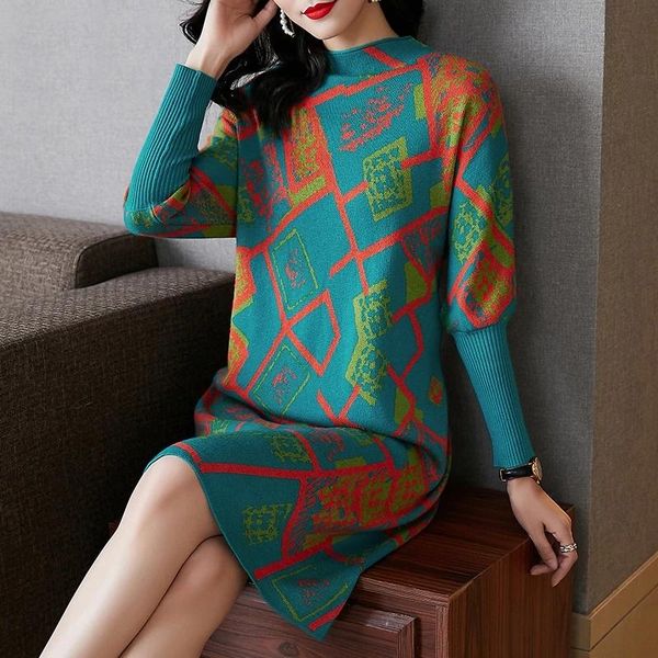 

dresses 2021 autumn print vintage turtleneck wool sweater dresses winter casual 3xl plus size knitting sweaters elegant women vestidos, Black;gray