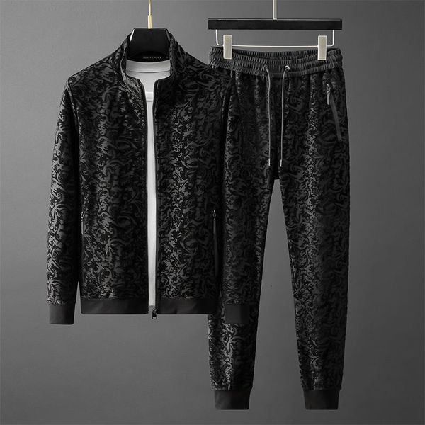

men's tracksuits european luxury jacquard flocking tracksuit men spring autumn 2 pcs suit paisley designer black sportwear ropa deporti, Gray
