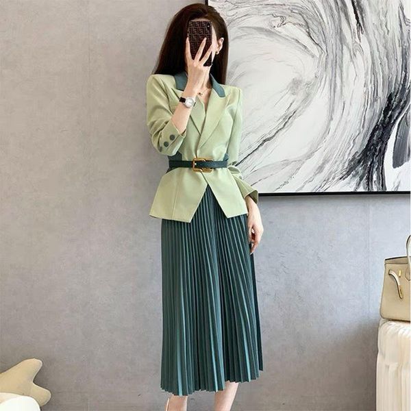 

pants 2022spring autumn green fashionwomen's skirt officetwo piecesuit korean style loose thin suitjacket+net yarnskirt high quality, White