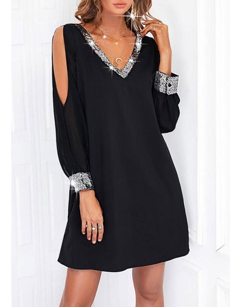 

dresses summer new casual dress for women's fashion stitching sequin vneck sequins long sleeves off shoulder loose dresses women, Black;gray