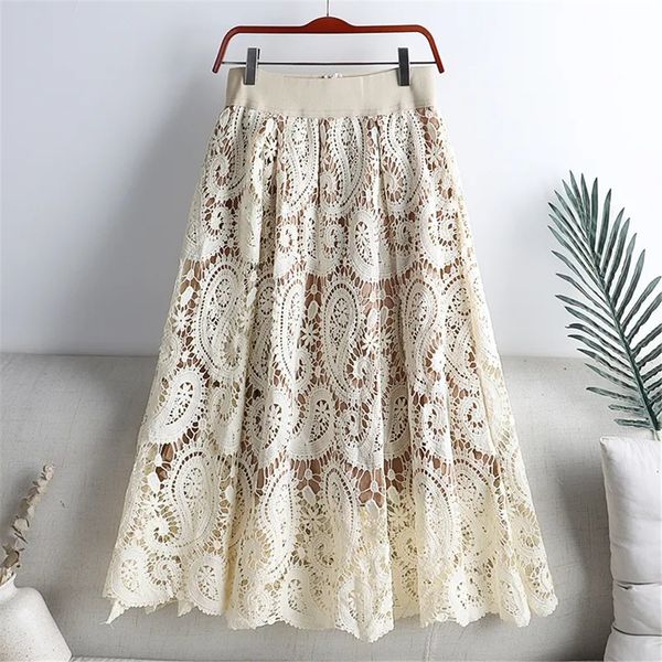 

skirts vintage lace pleated a-line solid color skirt for women high waist elastic embroidery mid-calf skirts female spring summer 230427, Black