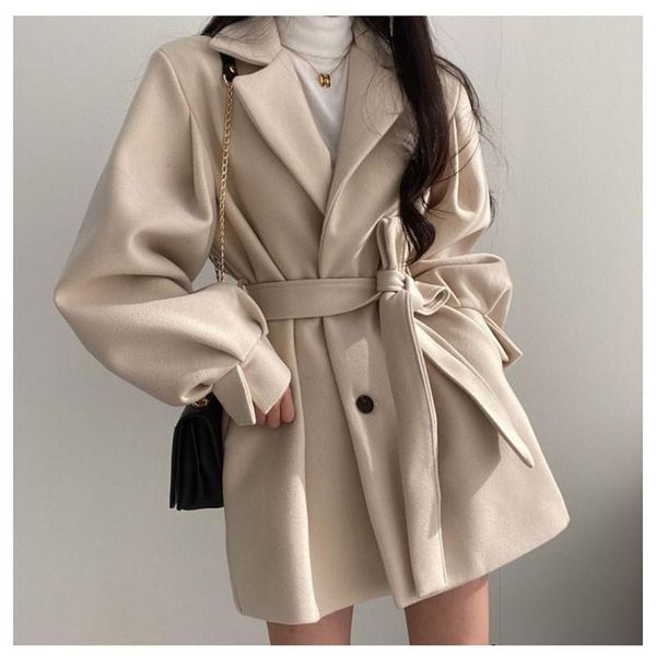 

fur allmatch winter woman solid casual loose wool coat cloak belt cardigan women's soft warm elegant lovely, Black