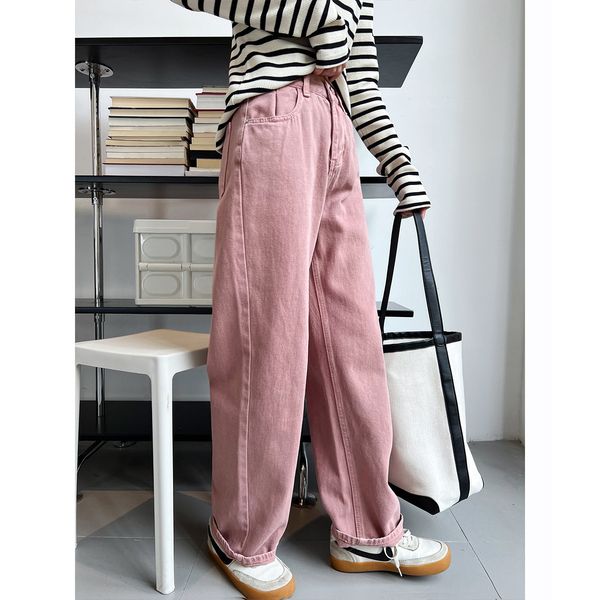 

women's jeans jin cuci merah muda kotor celana kaki lebar lurus ramping pinggang tinggi longgar wanita 230426, Blue