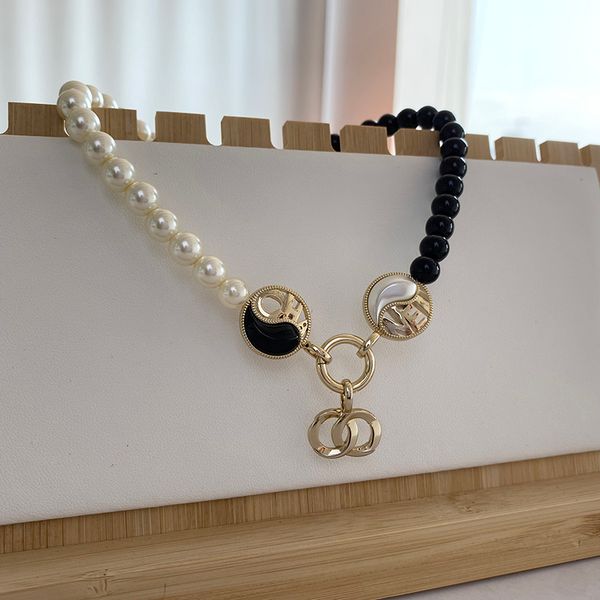 

pendant pearl necklace sweater chain black and white tai chi series 18k gold plated double letter designer for women never fade wedding gift, Silver