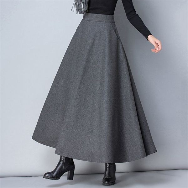 

skirts winter women long woolen skirt fashion high waist basic wool female casual thick warm elastic a-line maxi o839 230427, Black