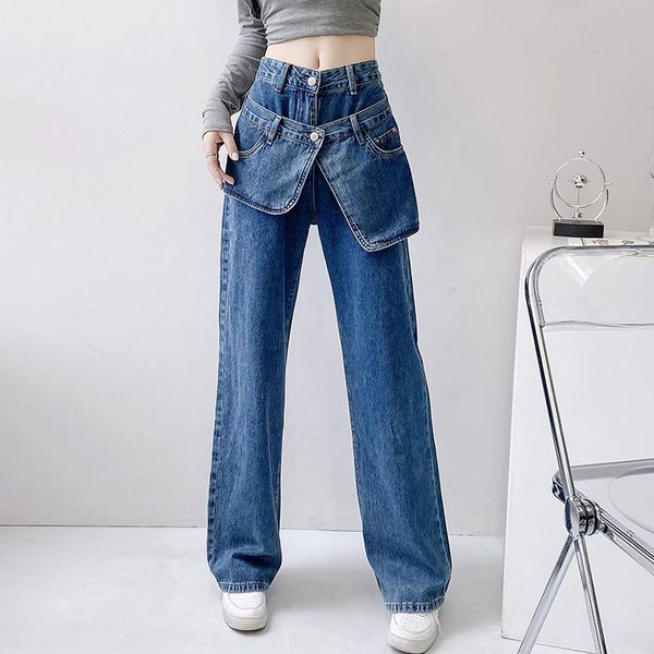 

jeans design double waist straight jeans women's new casual simple neutral high waist wide leg irregular pockets denim trousers femal, Blue