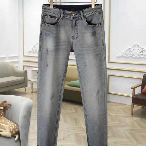 

men's designer men's jeans high end brand 2023 men's smoky grey jeans elastic slim fit straight sleeve fashion casual thin pu, Blue