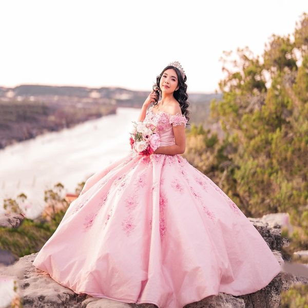

pink off the shoulder corset ball gown quinceanera dresses beaded appliques formal prom birthday gowns princess sweet 16 15, Blue;red