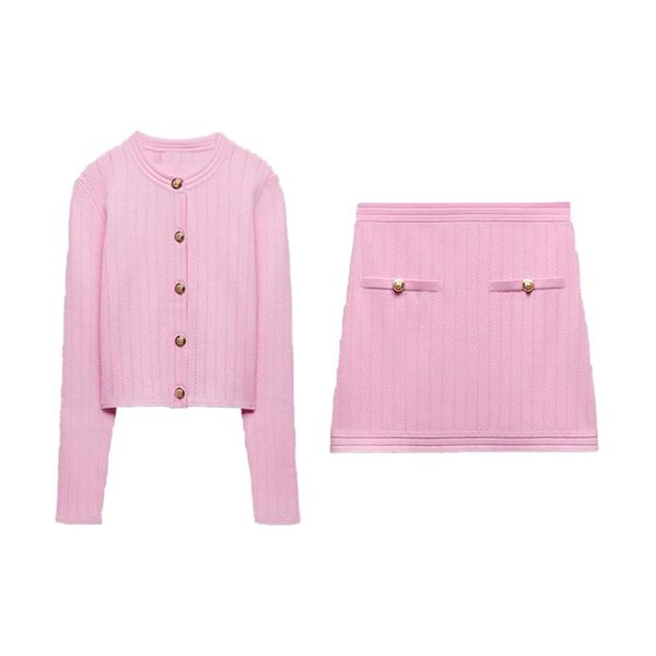 

dress zach aiisa's new gentle temperament round neck long sleeve button knitted jacket + versatile high waist elastic waist mini skirt, White