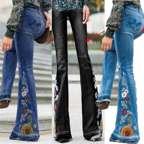 

women's jeans casual plus size loose women autumn winter elegant floral print denim pants vintage ladies wide leg jean trousers, Blue