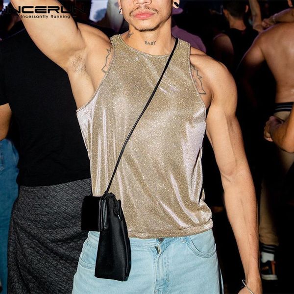 

men' tank 2023 shiny oneck sleeveless streetwear fashion casual vests summer party nightclub clothing s5xl incerun 230426, White;black