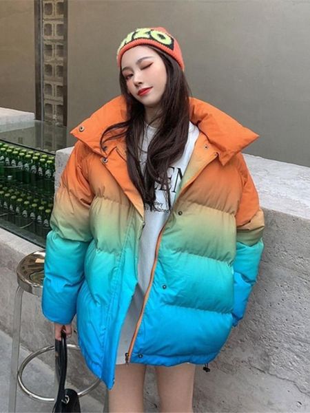 

leather fashion casual stand collar parkas women streetwear vintage 2000s gradient winter coat harajuku y2k loose zip up thicken jackets, Black