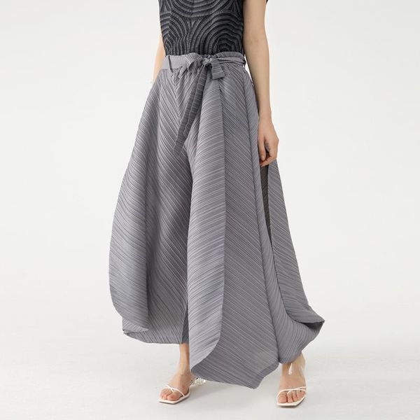 

capris miyake pleats 2021 summer dubai vintage designer belt stitching casual big trousers wide leg loose pants women aesthetic clothes, Black;white