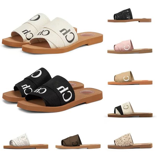 

2023designer woody sandals for women mules flat slides light tan beige white black pink lace lettering fabric canvas slippers womens summer