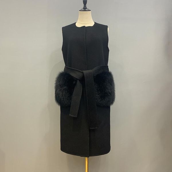 

fur new sprint autumn real cashmere vest with fox fur women fashion fur gilet streetwear wool waistcoat s3605b, Black