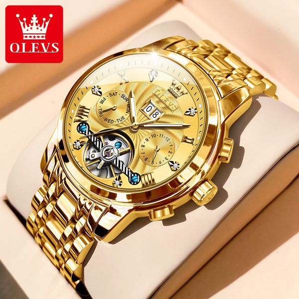 

wristwatches olevs brand men watches automatic mechanical watch 50m waterproof stainless steel skeleton design watches reloj de hombre 23042, Slivery;brown
