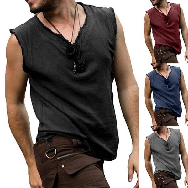 

men' tank shirts for men sleeveless v neck mens clothing summer streetwear casual ripped solid color shirt vintage 230426, White;black