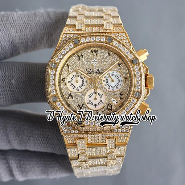 

sf sf26333 japan miyota quartz chronograph movement mens watch yellow gold iced out paved diamond dial arabic markers diamonds bracelet eter, Slivery;brown