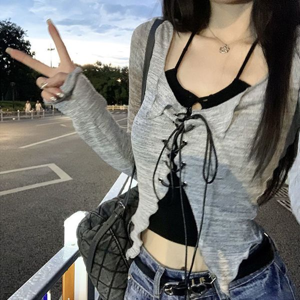 

women's t-shirt korean style y2k suspender cardigan autumn v-neck thin design sense fashion cross bandage crop two piece set 230427, White