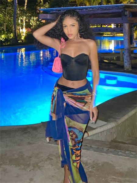 

skirts fqlwl summer mesh print skirts for women night club outfit see throuh beach casualblue wrap maxi long skirt y2k women skirt 2023 j230, Black