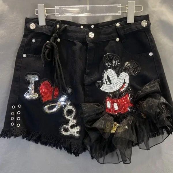 

jeans heavy industrypantalones cortos de tela vaquera para verano shorts de cintura alta delgados con tachuelas de cristal con lent, Blue