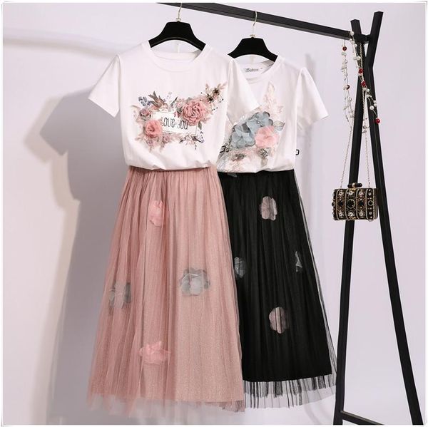 

dress amolapha women tee skirts 2pcs suits short sleeve 3d flower cotton tee +elastic waist mid calf mesh skirt sets, White