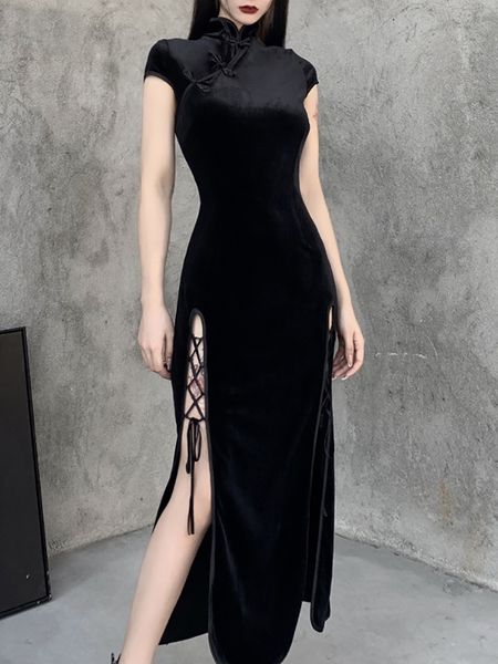 

casual dresses goth dark romantic gothic velvet aesthetic vintage women black bandage slithem bodycon dress evening wear cheongsam 230427, Black;gray