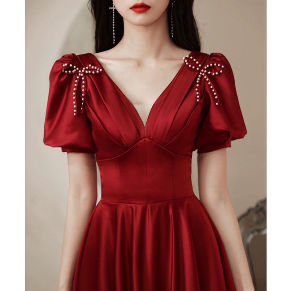 

satin wine red evening dresses retro puff sleeve bow pearl a-line slim cocktail party gown women v-neck long dresses new, Black